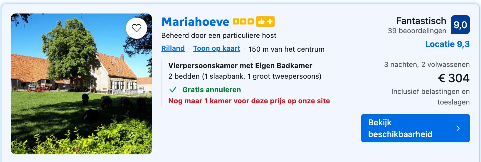 Bij boekingsites zie je vaak schaarste, zoals op deze afbeelding waarin aangegeven wordt dat er nog maar 1 kamer is voor deze prijs.